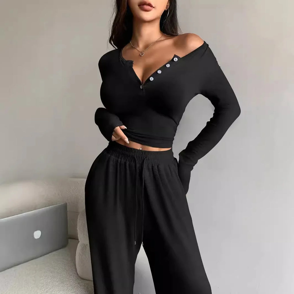 Button Solid Color Long-sleeved Top Drawstring Pocket Wide-leg Pants Women Casual Set