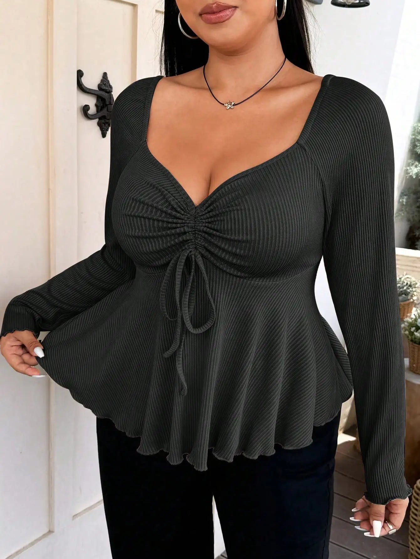 Ribbed Knit Ruched Bust Peplum Top with Long Sleeves