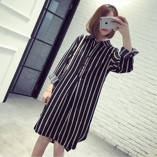 Long Sleeve Striped Printed Shirt Dress