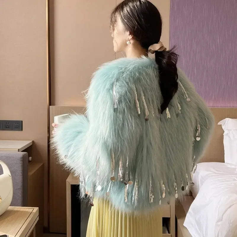 Faux Fox Fur Grass Sequined Tassels Coat