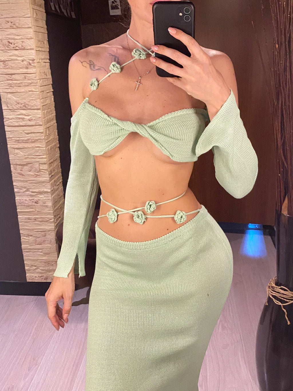 Knitted Sling Long Skirt Set