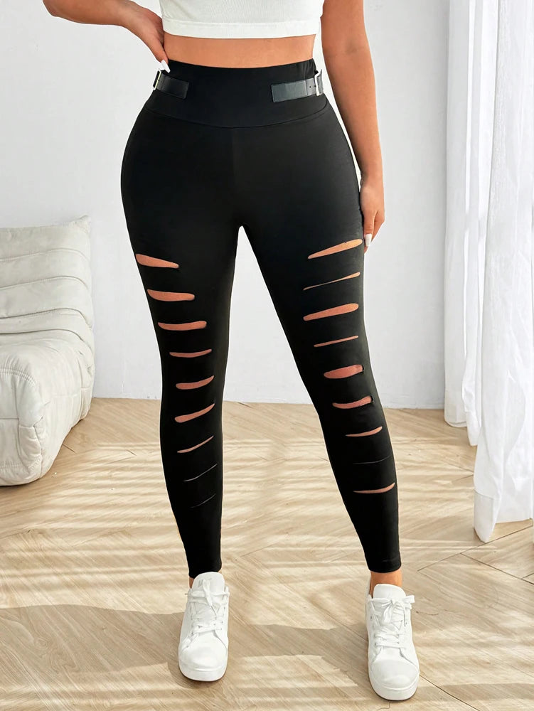 Hollow Out Torn Knitted Zipper Buckle Decorated High Waist Tight Sports Pants