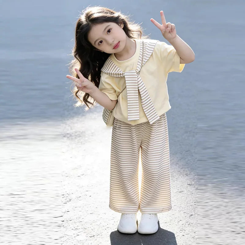 Short-sleeved Stripes Shawl + Wide-leg Pants Set