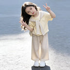 Short-sleeved Stripes Shawl + Wide-leg Pants Set