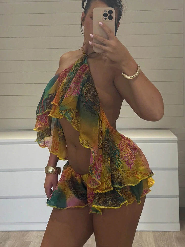 Halter Backless Ruffles Camisole Tops + Elastic Waist Shorts Set