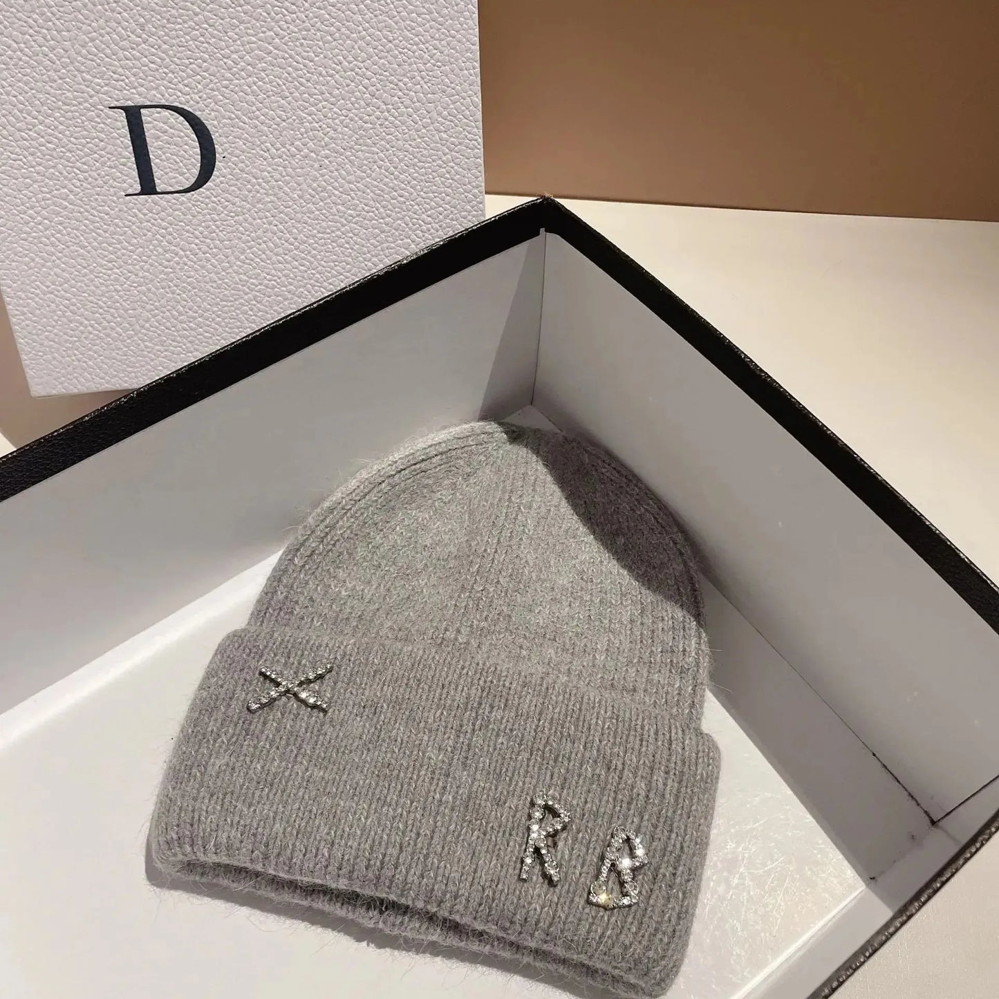 Real Rabbit Fur Diamonds Letter Beanie