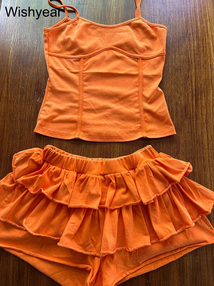 Spaghetti Strap Tanks Top and Pleated Puff Shorts Skirt Set