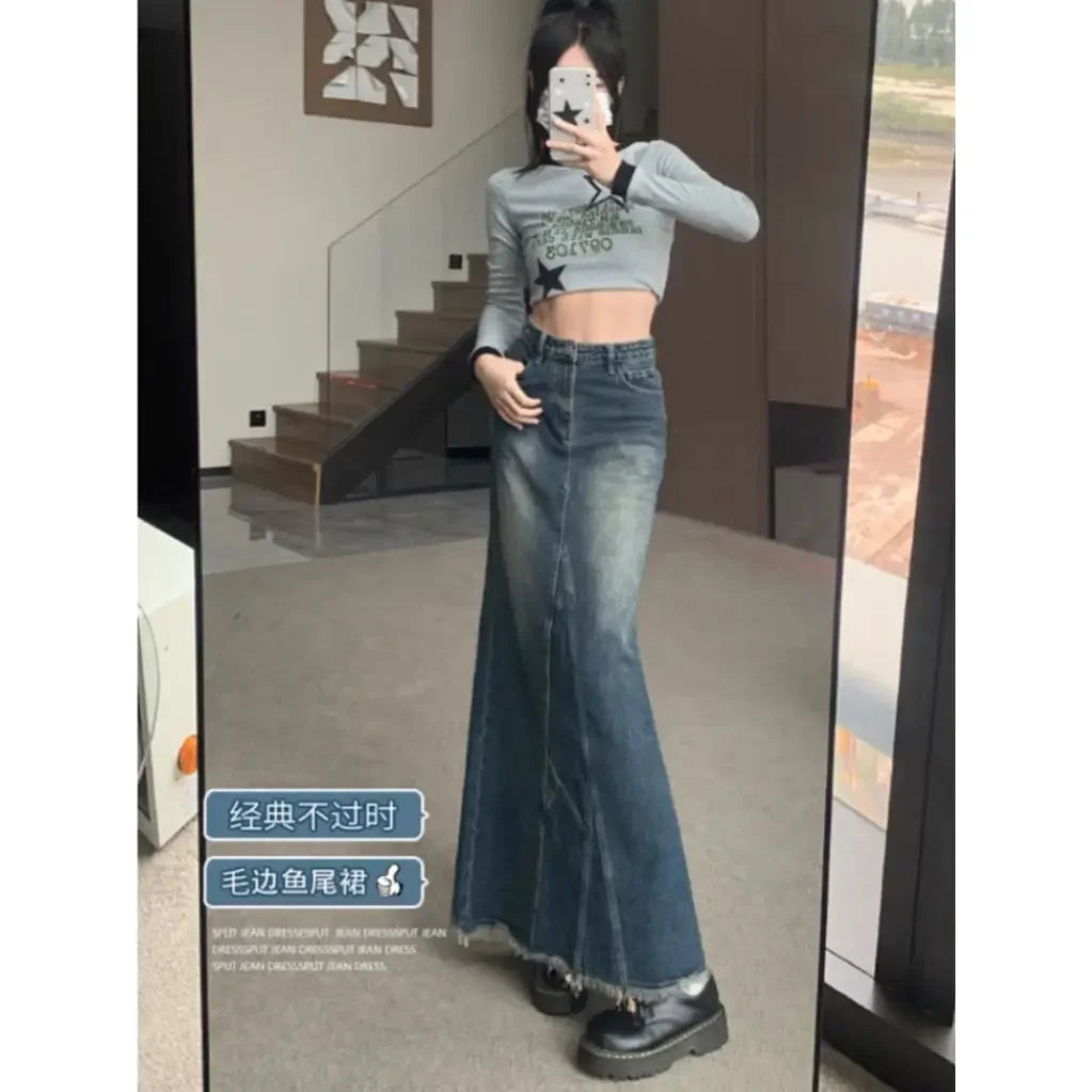 Washed Long Denim Maxi Skirt with Raw Raw-Hem & Patchwork Stitching