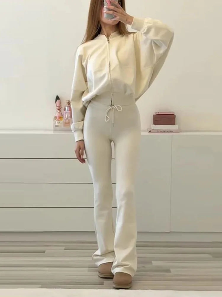 Solid Color Interlocked Pilot Jacket + High Waist Lace-Up Flared Pants Set