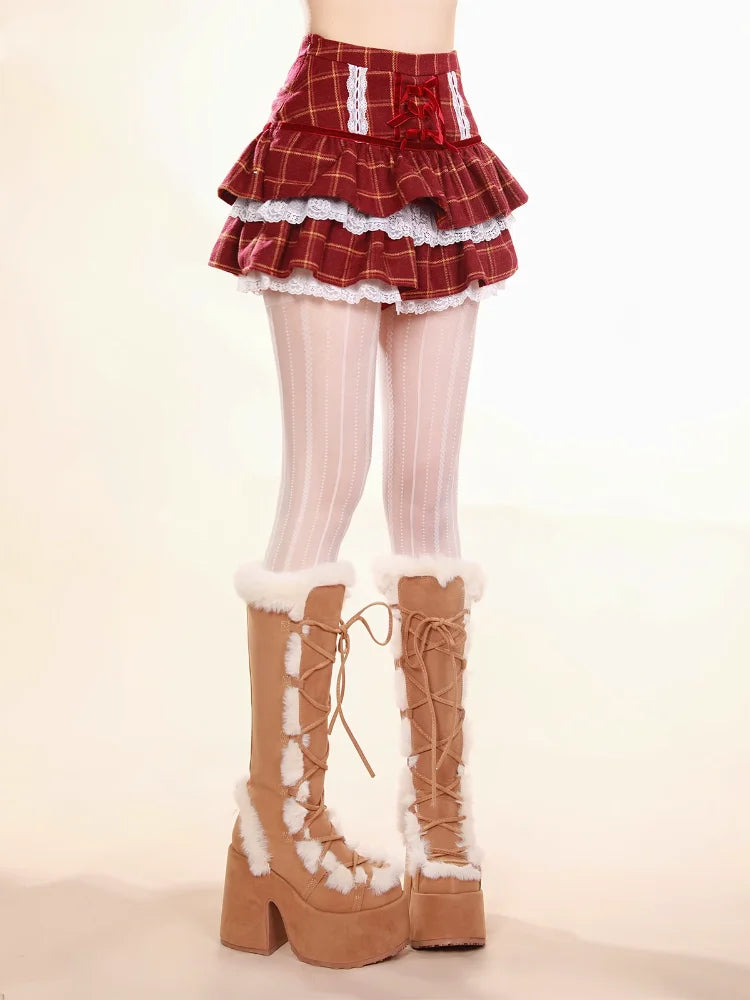 Patchwork Plaid Print Lace Ruffle Cake Skirt