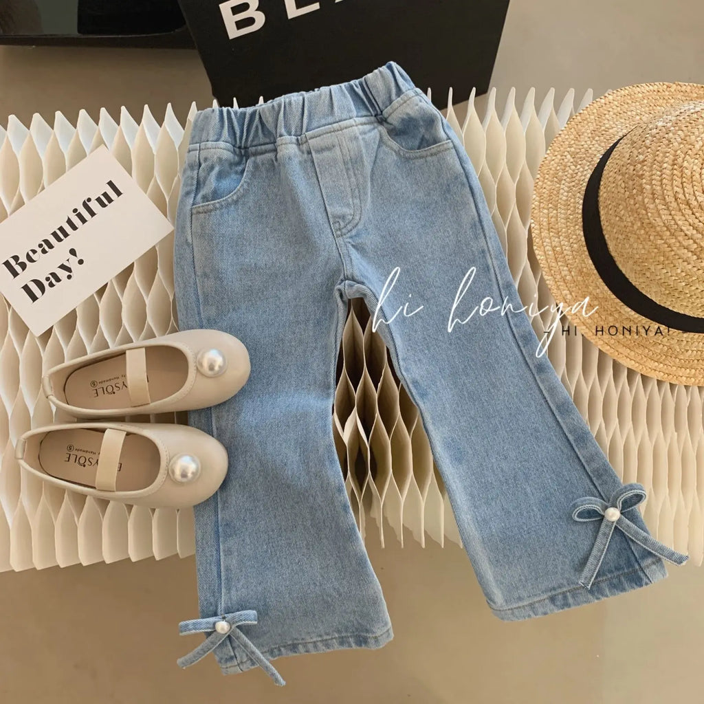 Denim Pants with Pearl Bow Detail