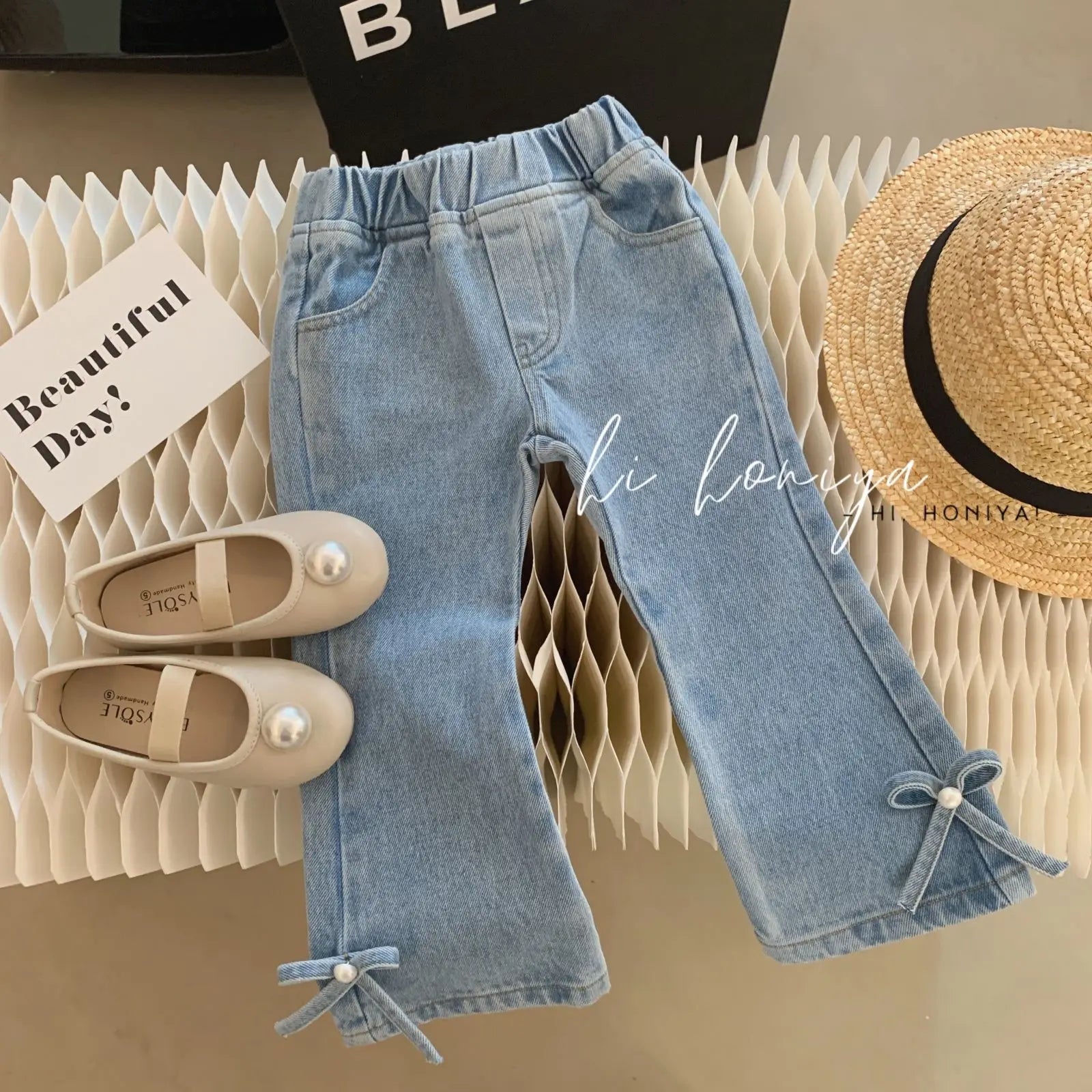Denim Pants with Pearl Bow Detail