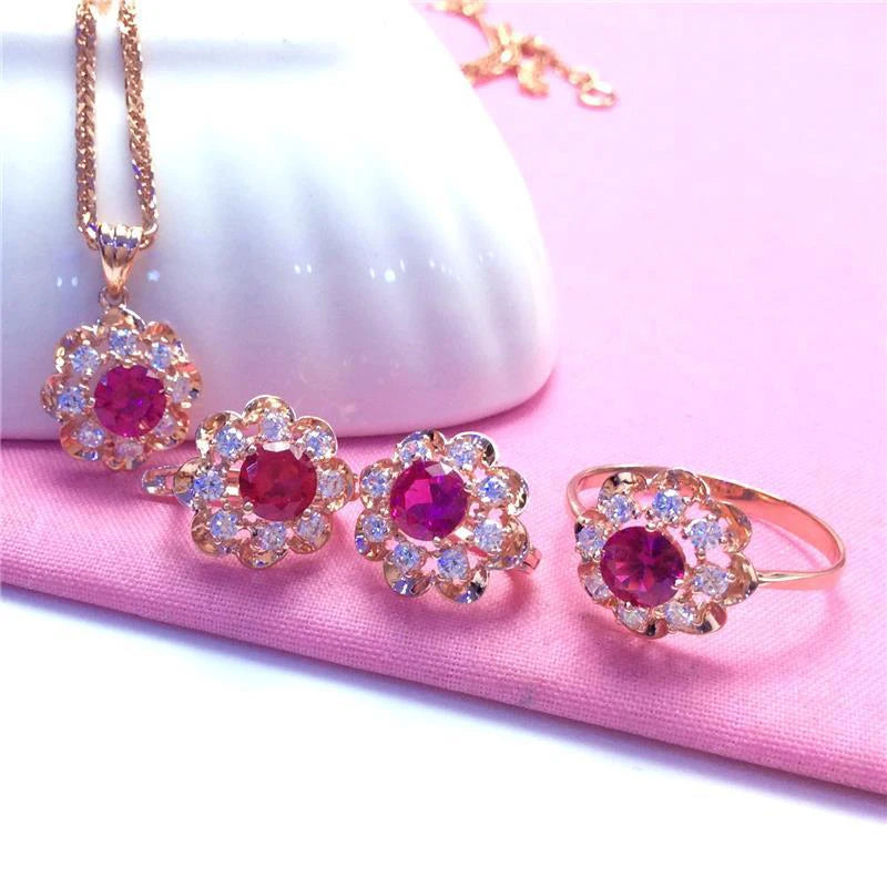 585 Purple Gold Plated 14K Rose Gold Inlaid Crystal Luxury Flower Rings