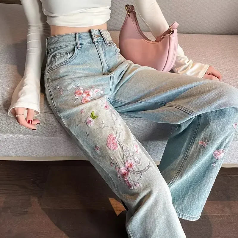 Pink flower embroidered jeans