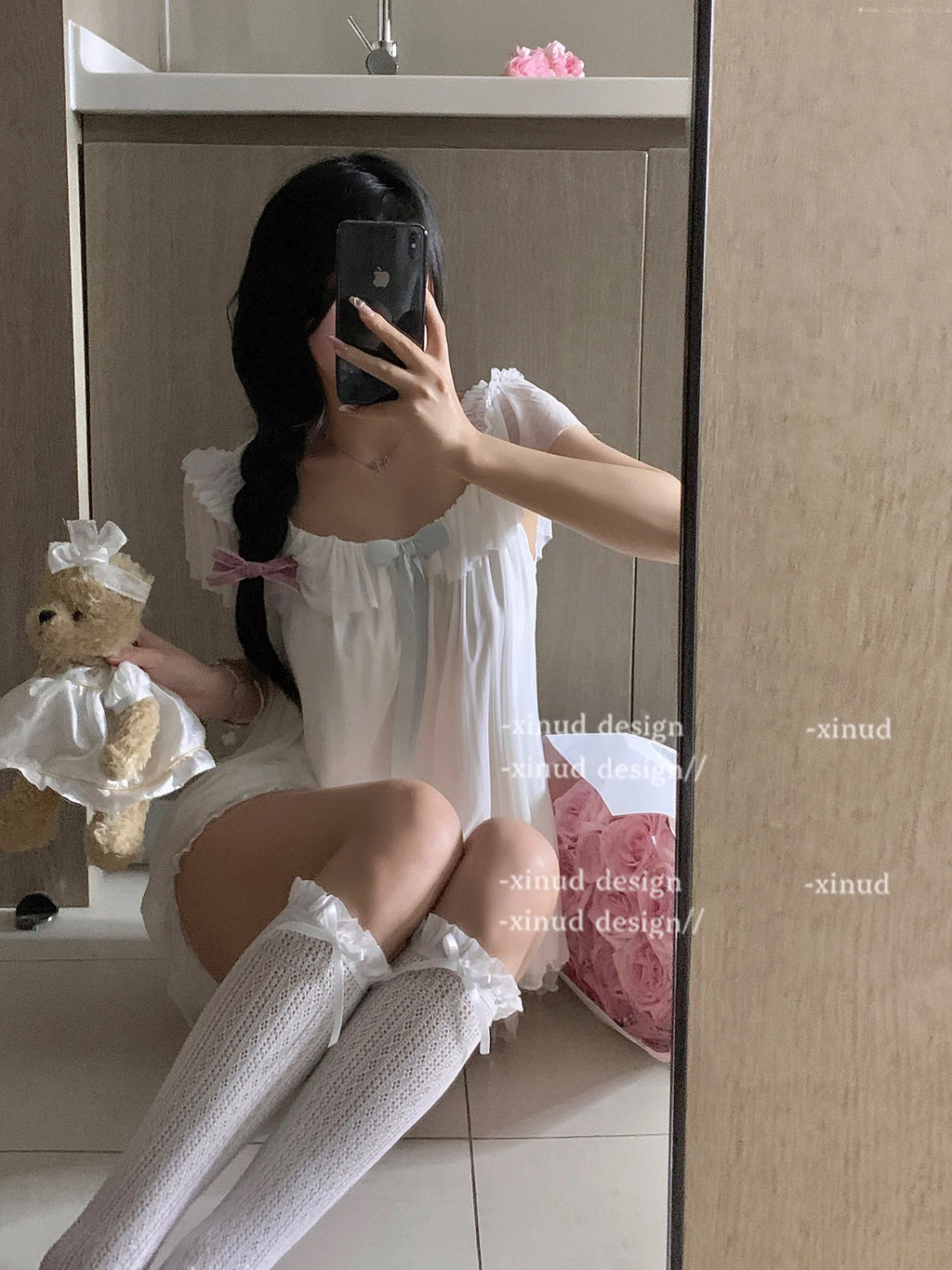 French Sweet Bow Strap Neck Crop Top Set