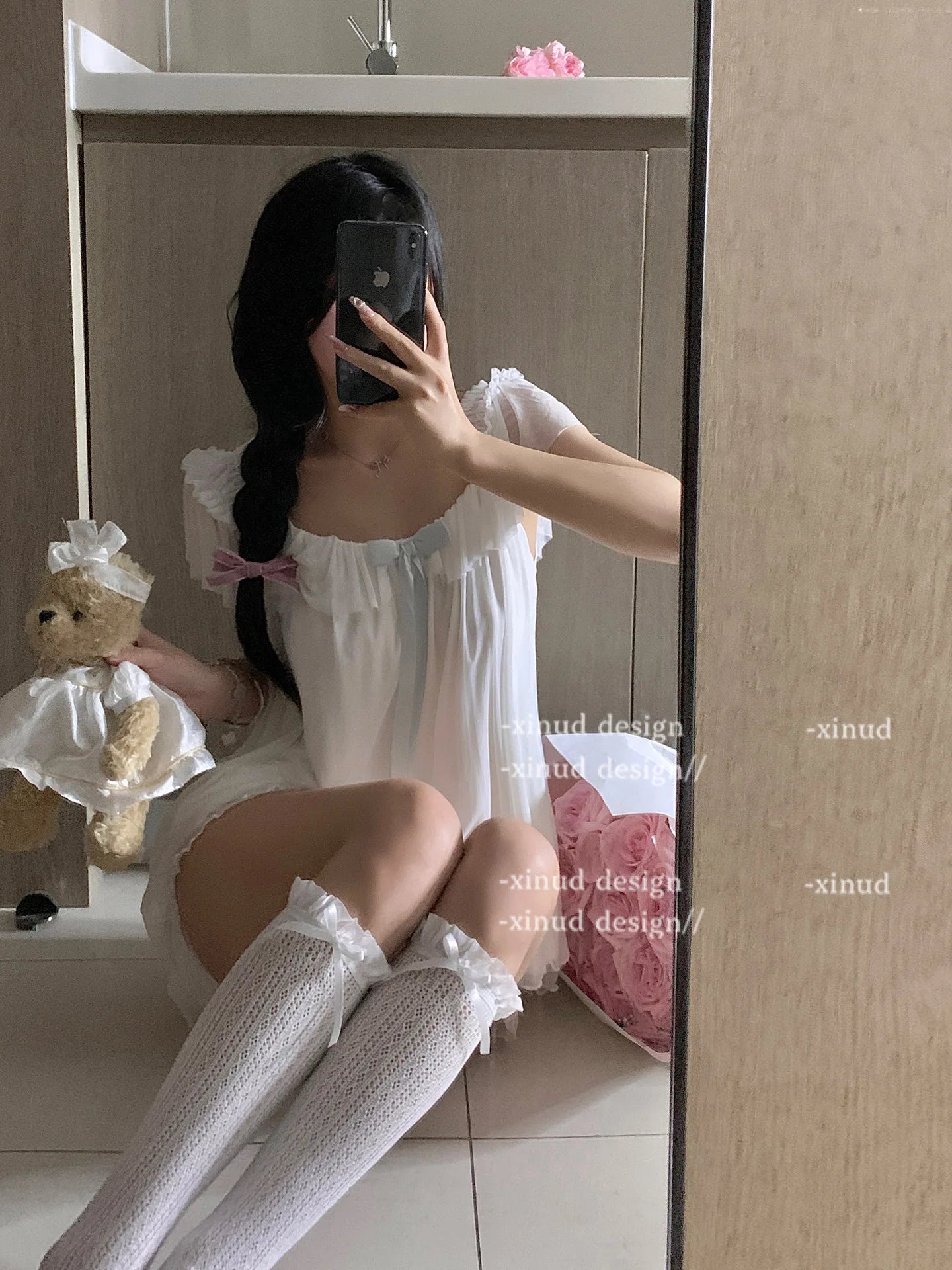 French Sweet Bow Strap Neck Crop Top Set