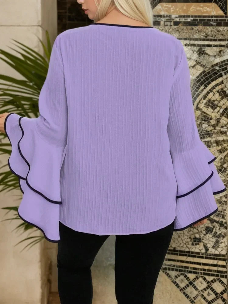 Loose Solid Color Crew-neck Flared Long-sleeved Top