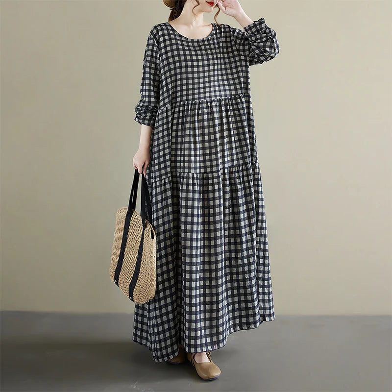 Round Neck Long Sleeve Gingham Pleated Dress