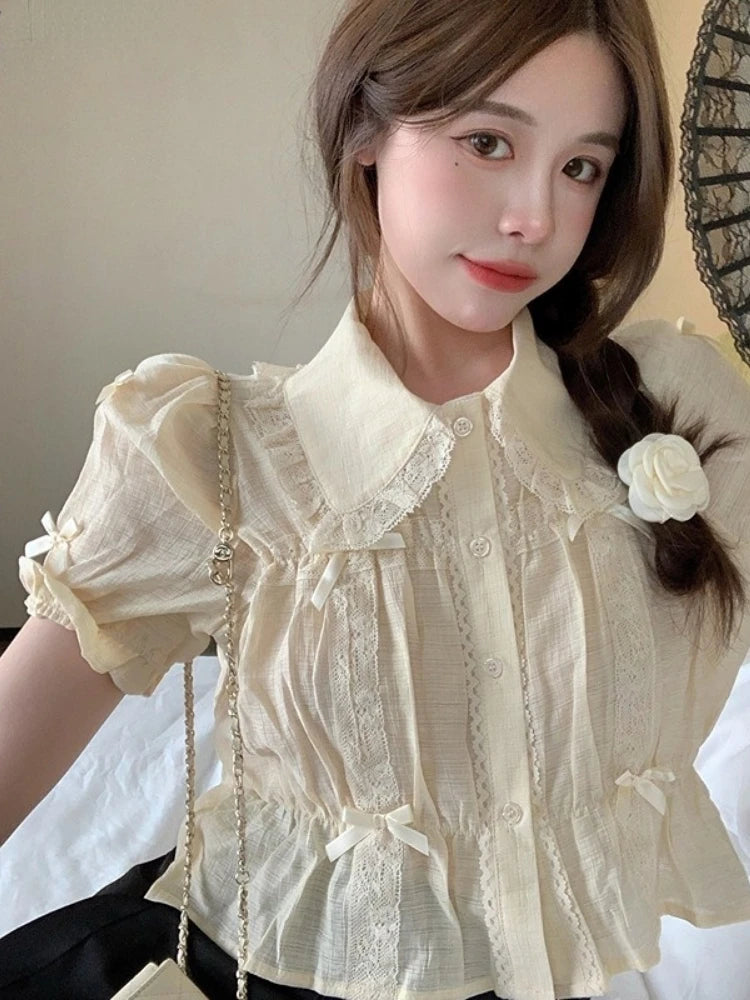 Puff Short Sleeve Button Down Shirt with Ribbon Bows