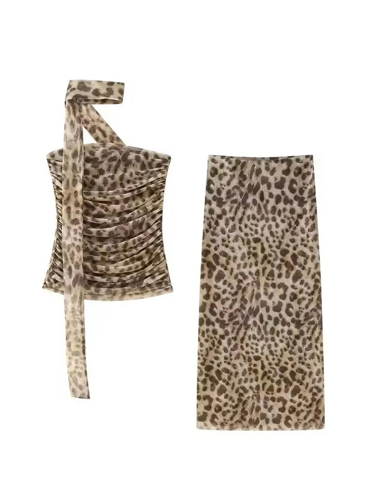 Strapless Ruched Crop Top Maxi Skirt Set With Choker