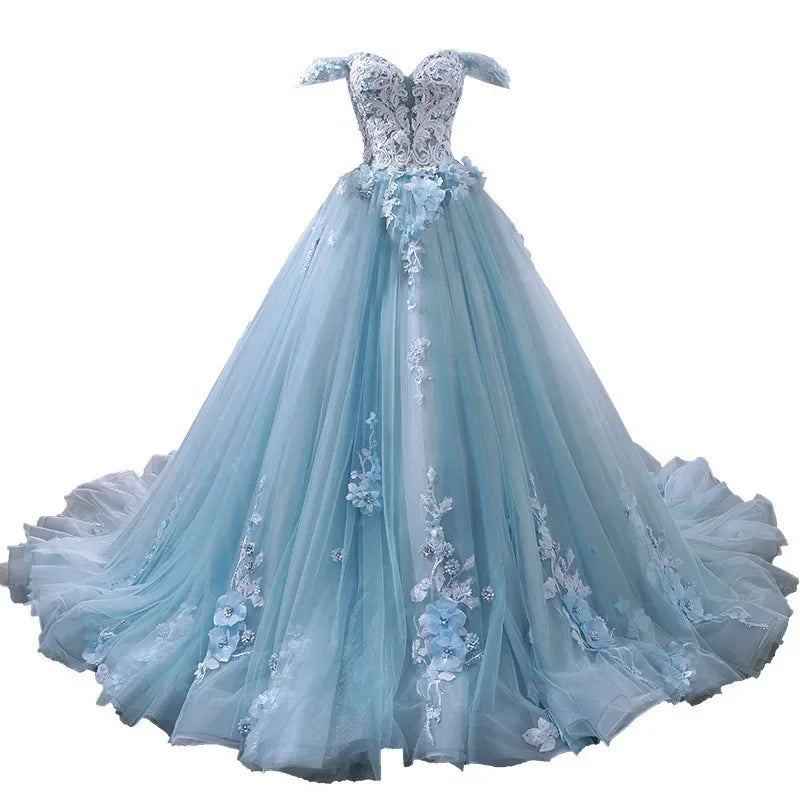 Blue Floral Applique Ball Gown