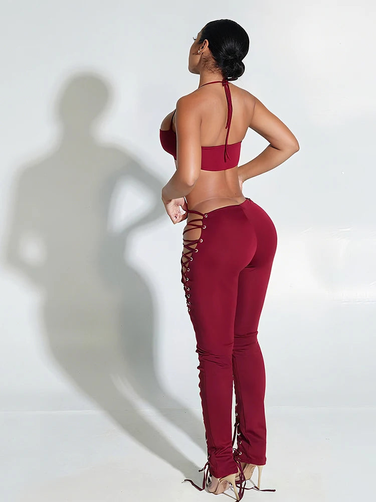Halter Camisole + Shirring Hollow Pants Set
