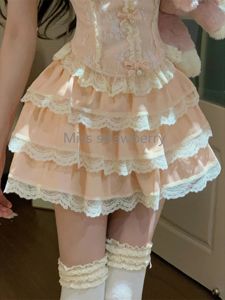 Bow Lace Sleeveless Sling + Elastic Waist Short Skirt Set