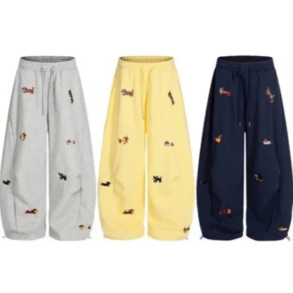Sausage Dog Pattern Loose Embroidery Trouser