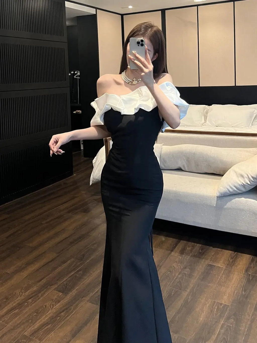 Ruffled Off-Shoulder Evening Gown