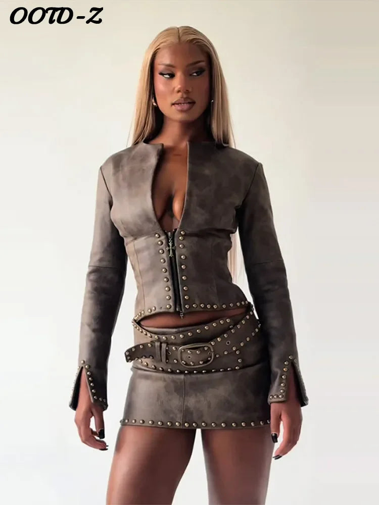 Street Rivet Deep V Jacket Skirt Set