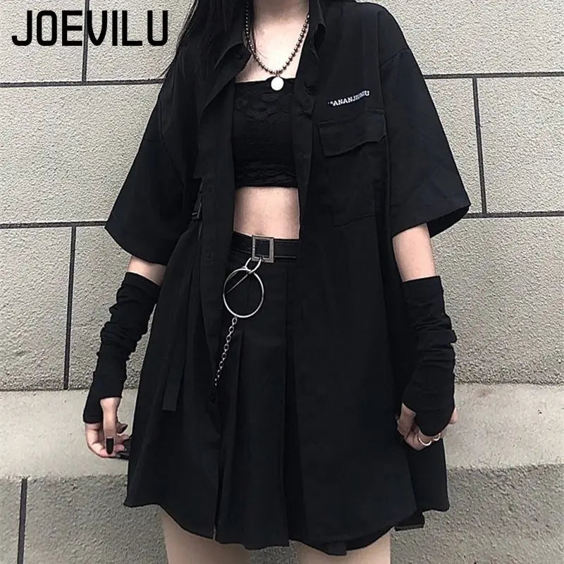 Loose Shirt Pleated Mini Skirt Set