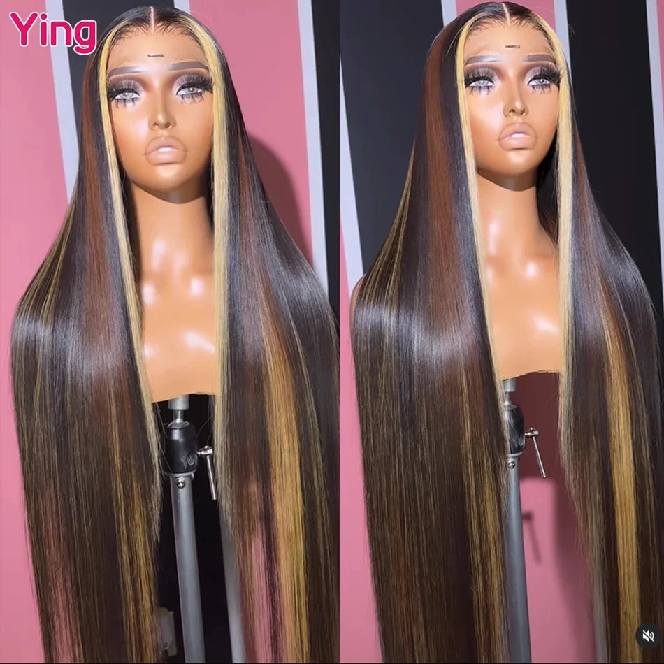 Ying Bone Straight Peruvian Neapolitan Colored Pink Brown 13x6 Lace Frontal Wig