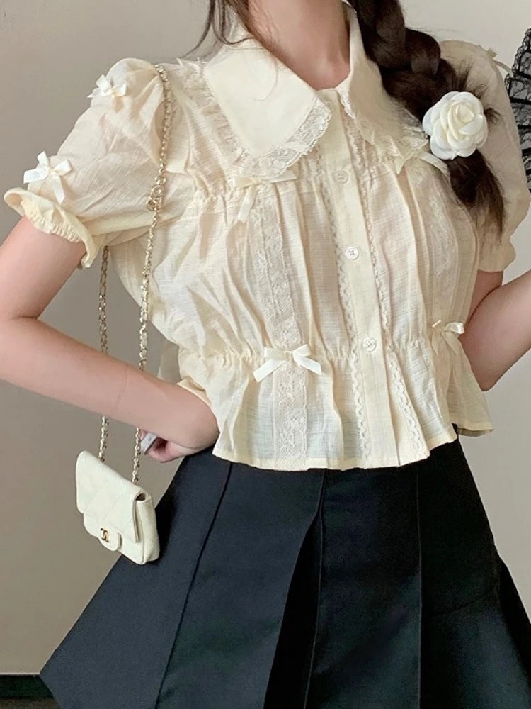 Puff Short Sleeve Button Down Shirt with Ribbon Bows