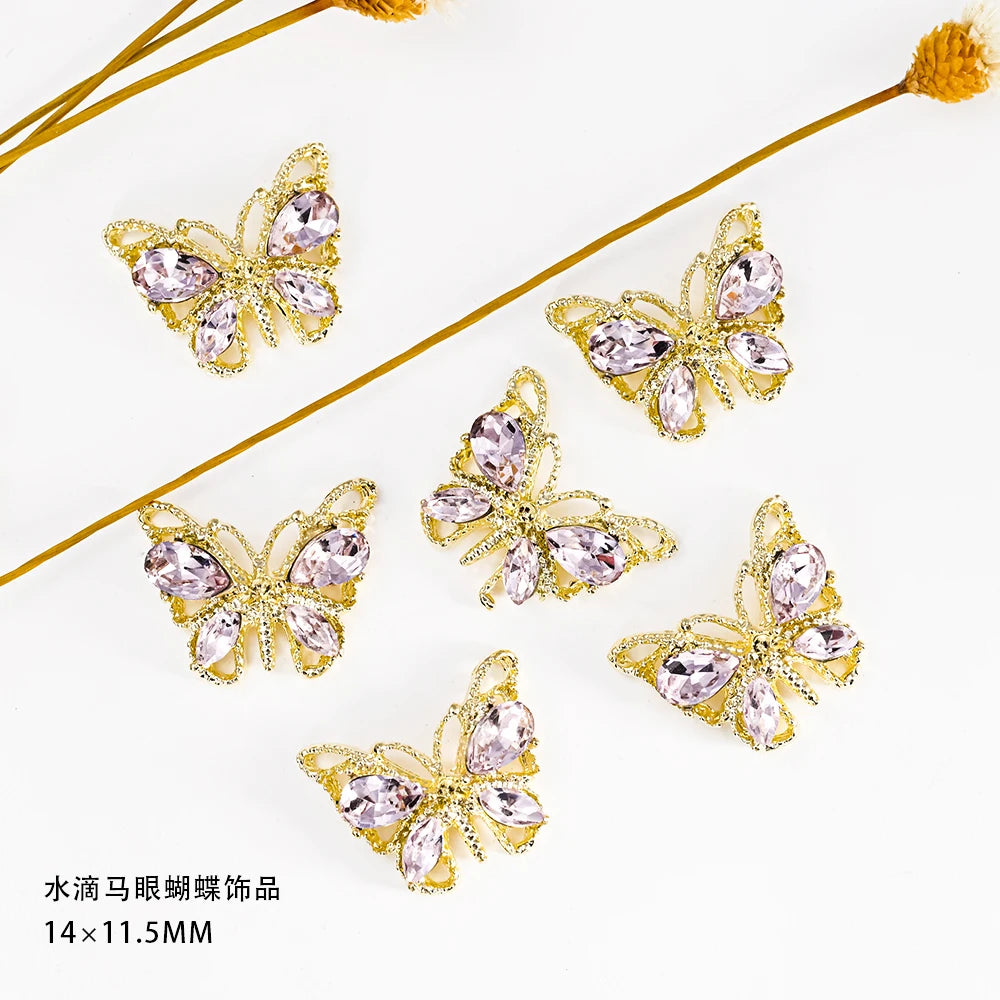 10Pcs Fairy Pink Zircon Nail Art 3D Charms Jewelry Butterfly Shaped Nail Crystal Alloy Decals 11*9mm Rhinestone Nail Decoration*