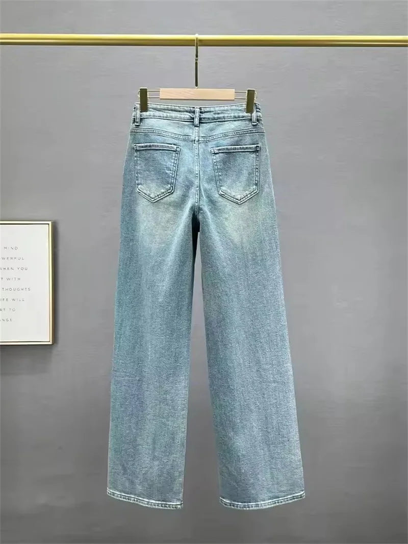 Rhinestone High Waist Wash Jeans