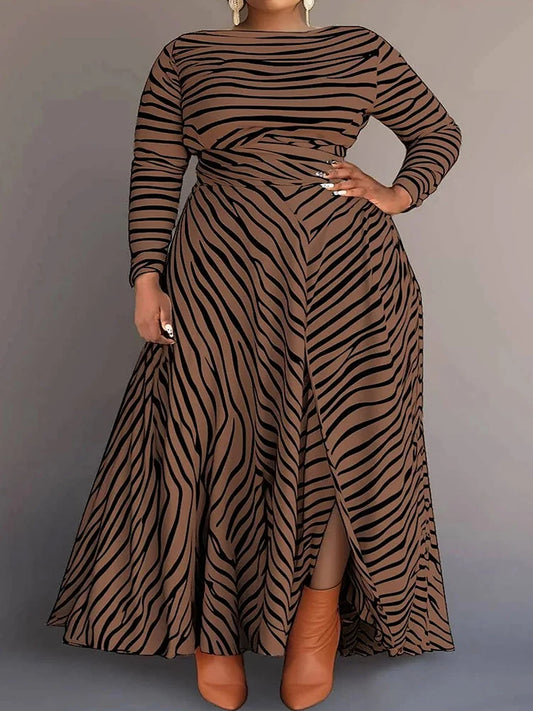 Pleated A-Line Round Neck Long Sleeve Split Knitted Maxi Dress