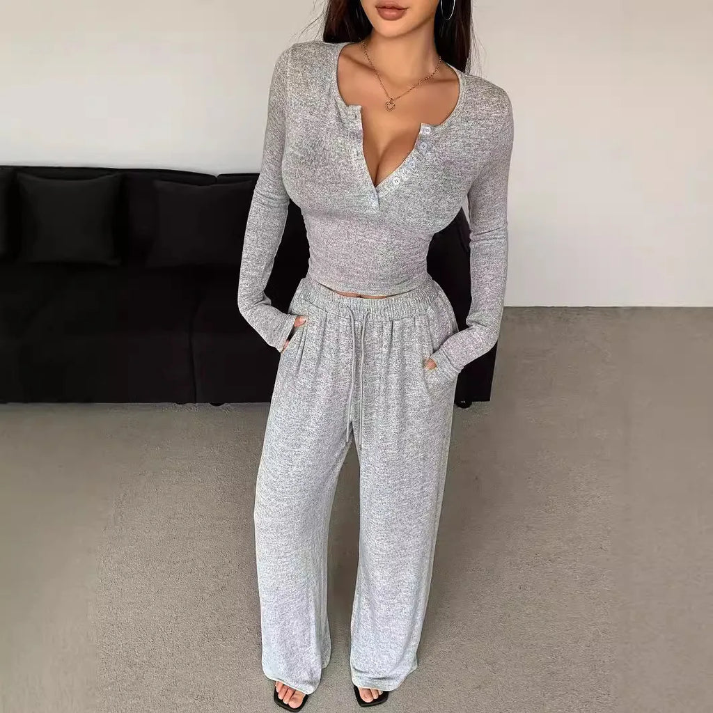Button Solid Color Long-sleeved Top Drawstring Pocket Wide-leg Pants Women Casual Set