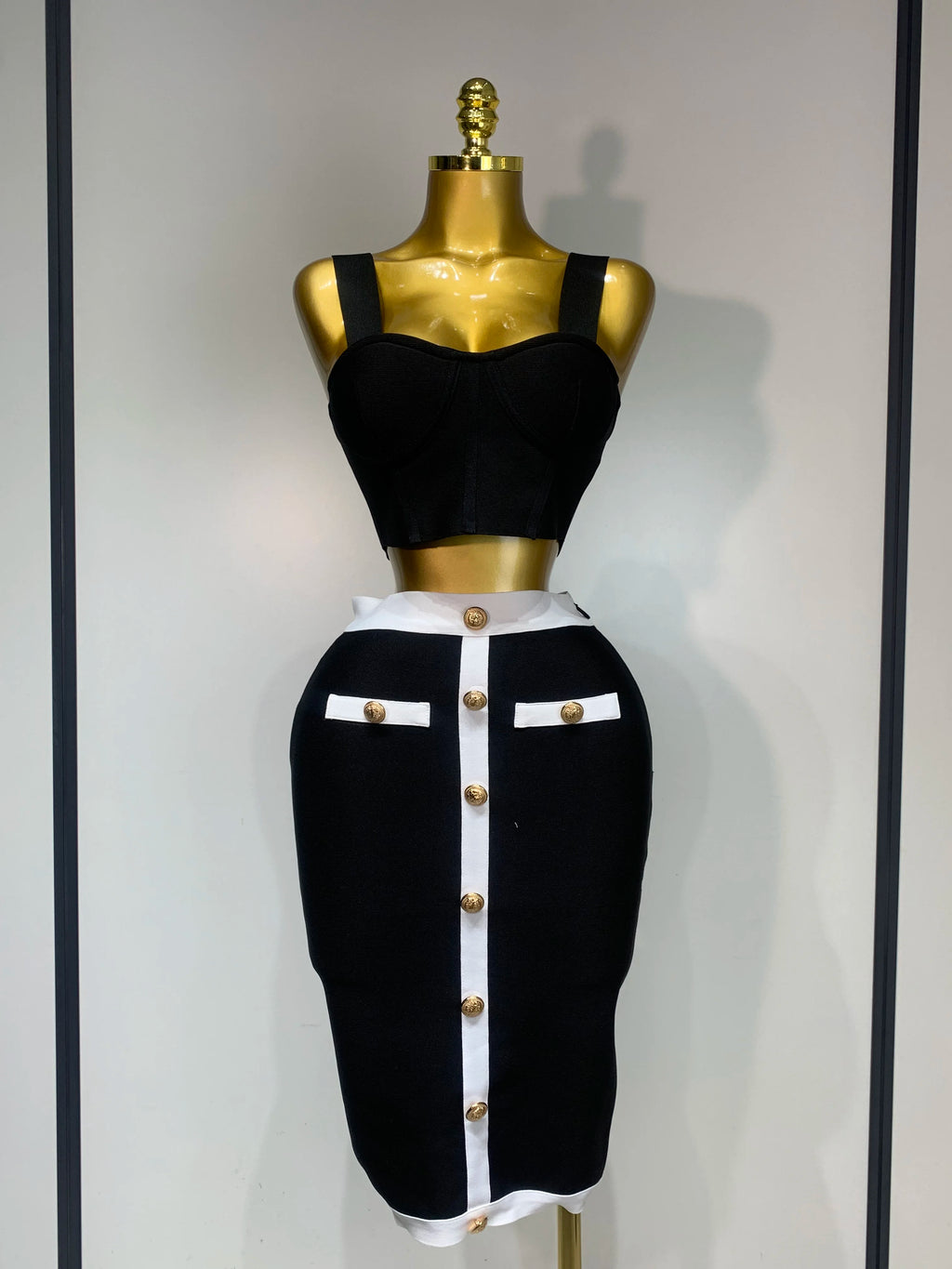 Button Patchwork Bodycon Bandage Two Piece Set