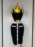 Button Patchwork Bodycon Bandage Two Piece Set