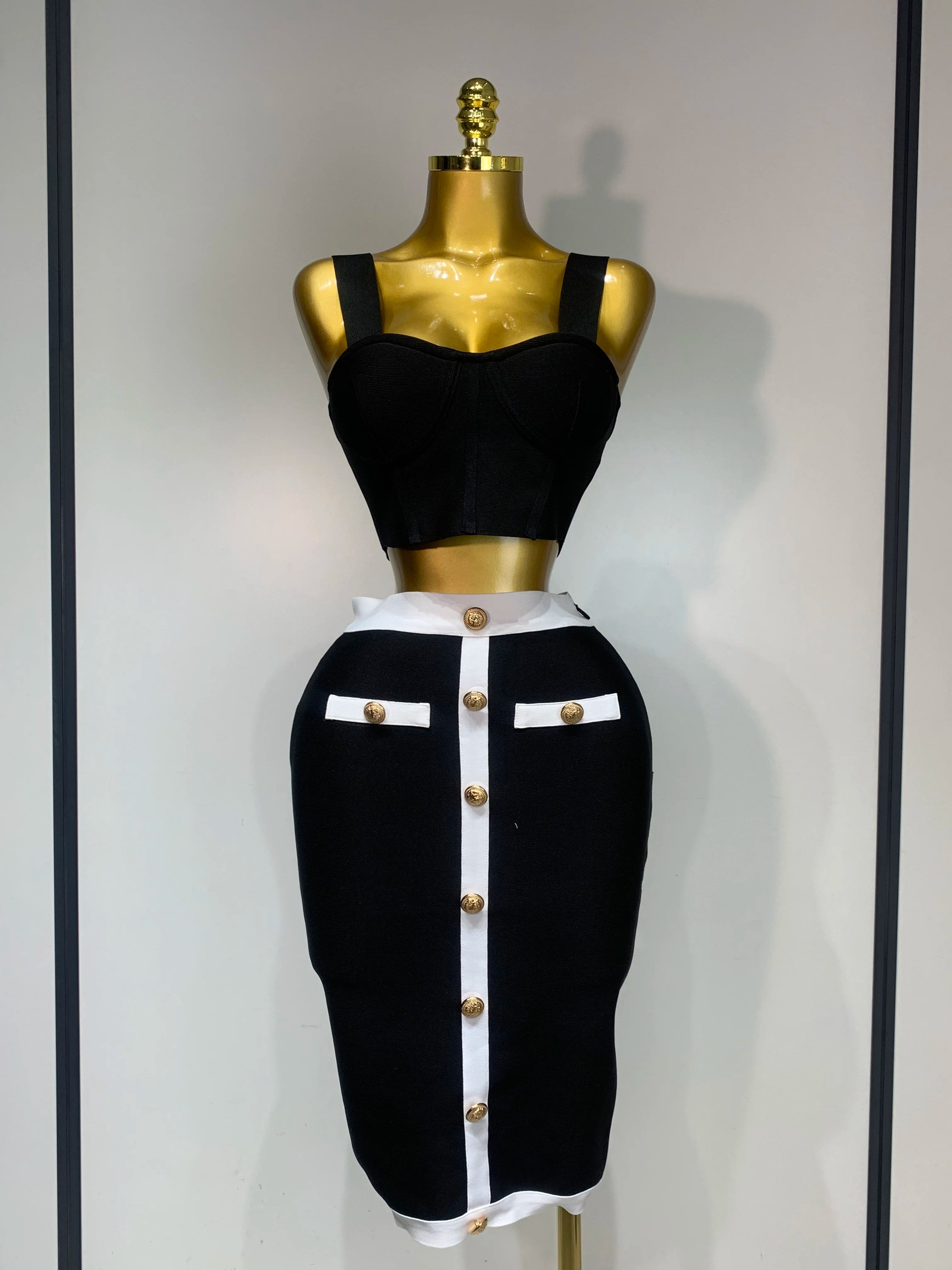 Button Patchwork Bodycon Bandage Two Piece Set