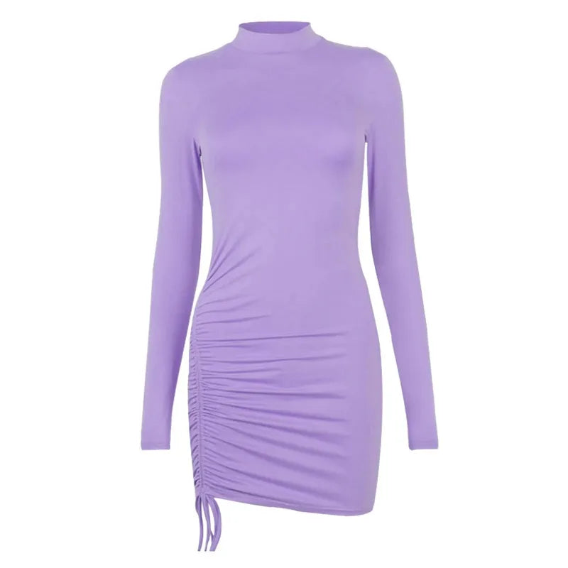 Long Sleeve Solid Color Drawstring O-Neck Bodycon Dress