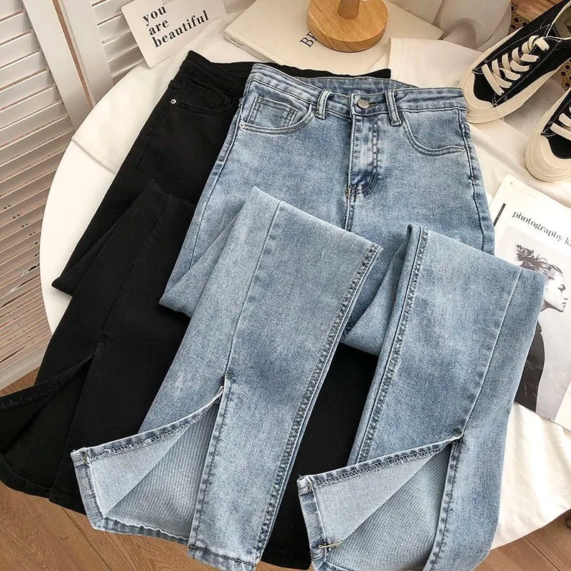 High-Waist Split Hem Slim-Fit Jeans