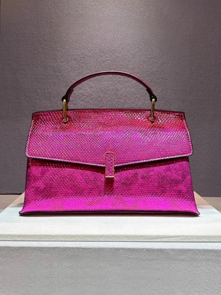 Real Leather Bright Face Snake Stitching Design Handbag