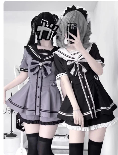 Sweet Short Sleeve Sailor Collar Lace Dress and Shorts Set