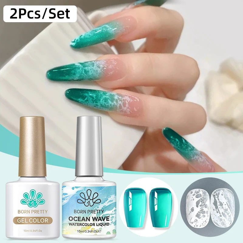 BORN PRETTY 1/2Pcs Ocean Wave Watercolor Liquid Gel Nail Polish Set