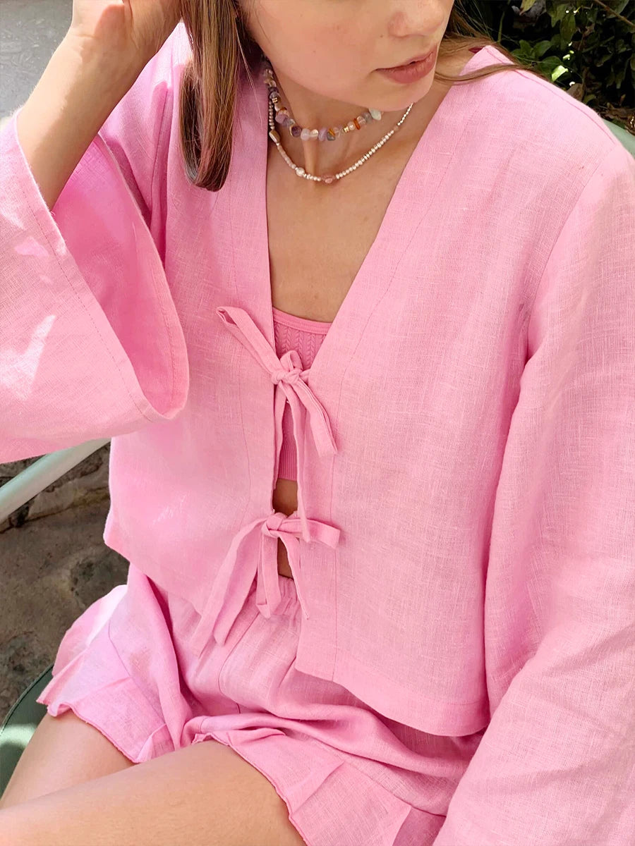 Lace Up Long Sleeves Shorts Set