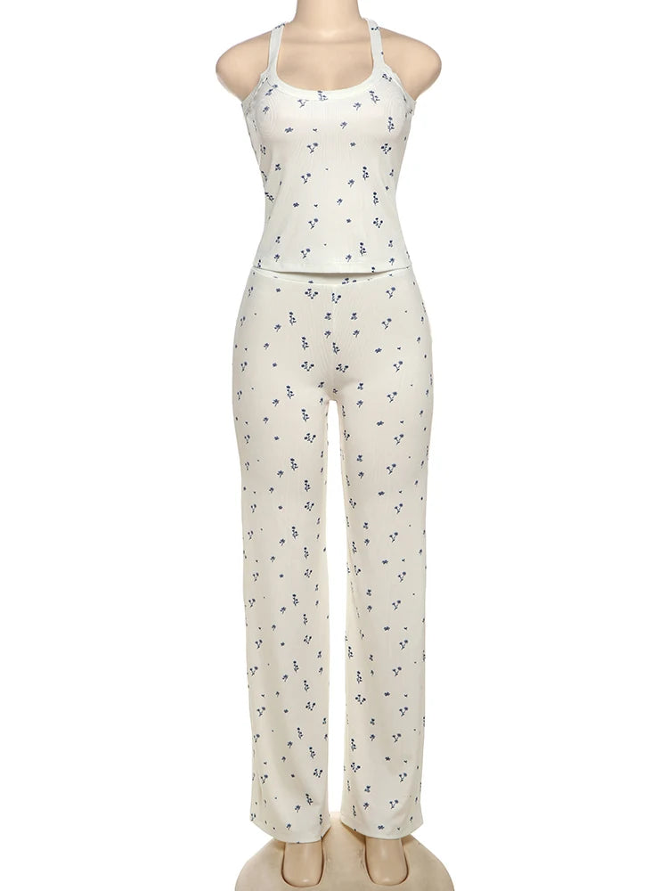 Flower Print Squared Collar Top + Straight Pants Set