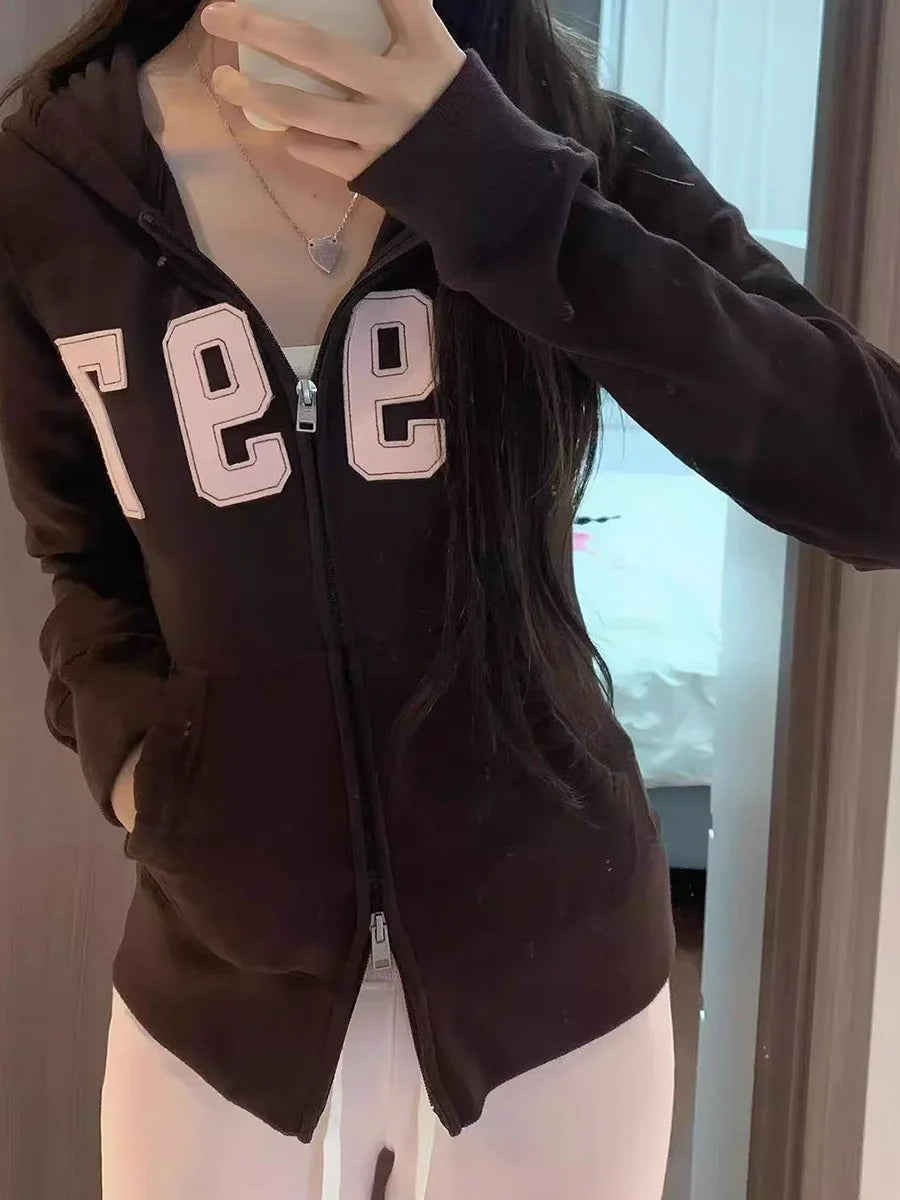 1977 Letter Embroidery Slim Zip-up Hoodie