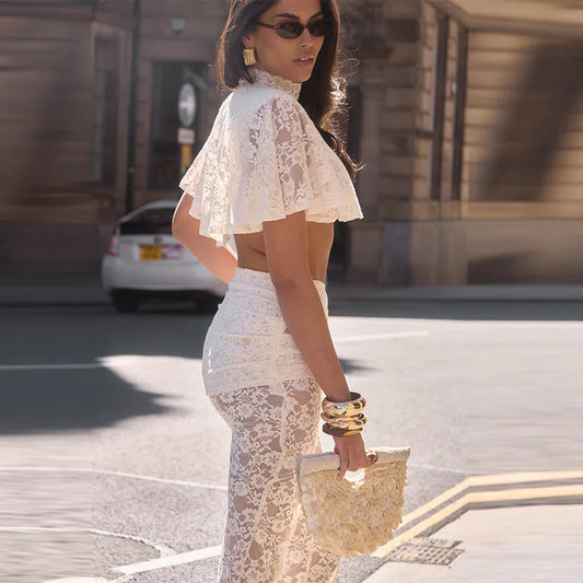 Lace Cape High Neck Cropped 2Pcs Set