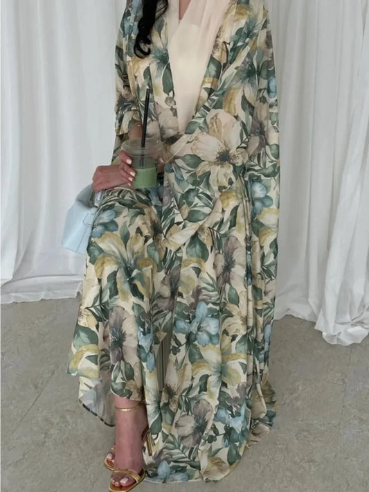 Eid Women Abaya Scarf 2 Piece Set Open Dress Print Muslim Jalabiya Ramadan Vestidos Largos Arab Long Robe Morocco Dubai Kaftan
